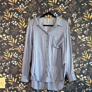 Free People Oversized Blue Checked Button-Up Top Tunic Size M